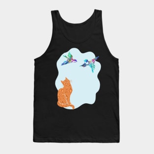 Camouflage Orange Cat Watching Birds Silhouette Art Tank Top